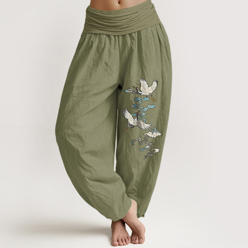 Pantalones Buddha Stones de algodón puro con estampado de grullas, nubes y montañas para mujer, cintura elástica - Verde oliva - US16，UK/AU20，EU48 (3XL) - image 14