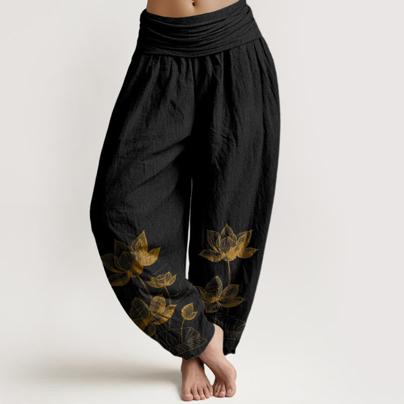 Pantalones harén de algodón puro con diseño de flor de loto y Buddha Stones para mujer, cintura elástica - Negro - US16，UK/AU20，EU48 (3XL) - image 0
