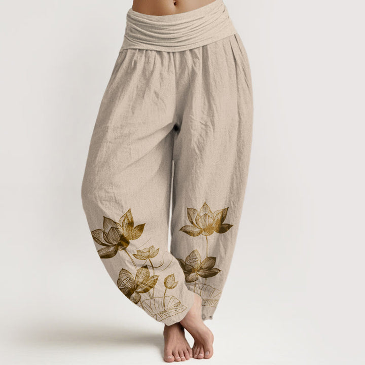 Pantalones harén de algodón puro con diseño de flor de loto y Buddha Stones para mujer, cintura elástica - Broncearse - US16，UK/AU20，EU48 (3XL) - image 11