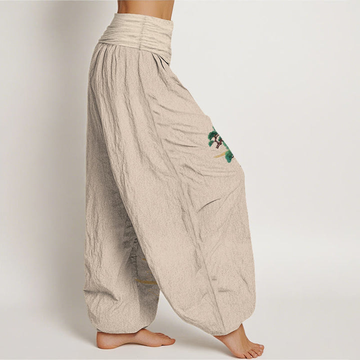 Pantalones Buddha Stones de algodón puro con estampado de grulla de pino y colores elegantes para mujer, con cintura elástica - image 2