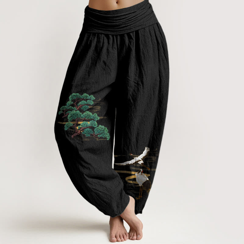 Pantalones Buddha Stones de algodón puro con estampado de grulla de pino y colores elegantes para mujer, con cintura elástica - Negro - US16，UK/AU20，EU48 (3XL) - image 5