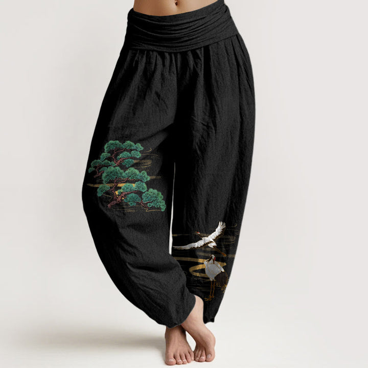 Pantalones Buddha Stones de algodón puro con estampado de grulla de pino y colores elegantes para mujer, con cintura elástica - Negro - US16，UK/AU20，EU48 (3XL) - image 5