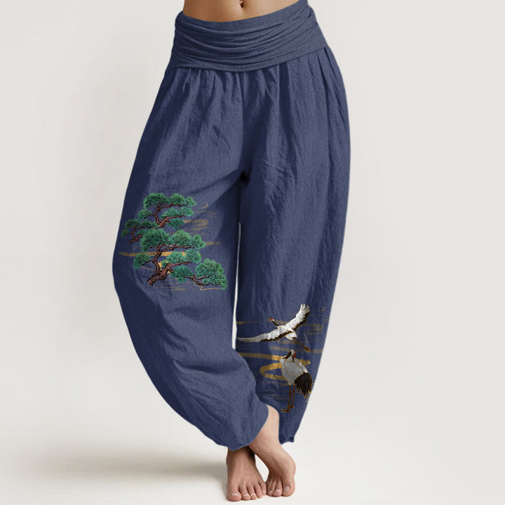 Pantalones Buddha Stones de algodón puro con estampado de grulla de pino y colores elegantes para mujer, con cintura elástica - Azul pizarra oscuro - US16，UK/AU20，EU48 (3XL) - image 8