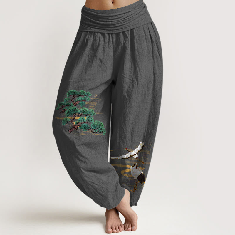 Pantalones Buddha Stones de algodón puro con estampado de grulla de pino y colores elegantes para mujer, con cintura elástica - Gris oscuro - US16，UK/AU20，EU48 (3XL) - image 11