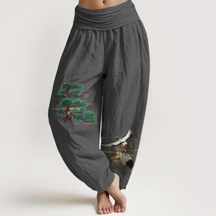 Pantalones Buddha Stones de algodón puro con estampado de grulla de pino y colores elegantes para mujer, con cintura elástica - Gris oscuro - US16，UK/AU20，EU48 (3XL) - image 11