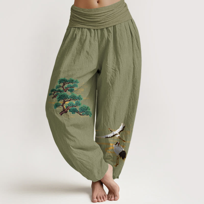 Pantalones Buddha Stones de algodón puro con estampado de grulla de pino y colores elegantes para mujer, con cintura elástica - Verde oliva - US16，UK/AU20，EU48 (3XL) - image 14