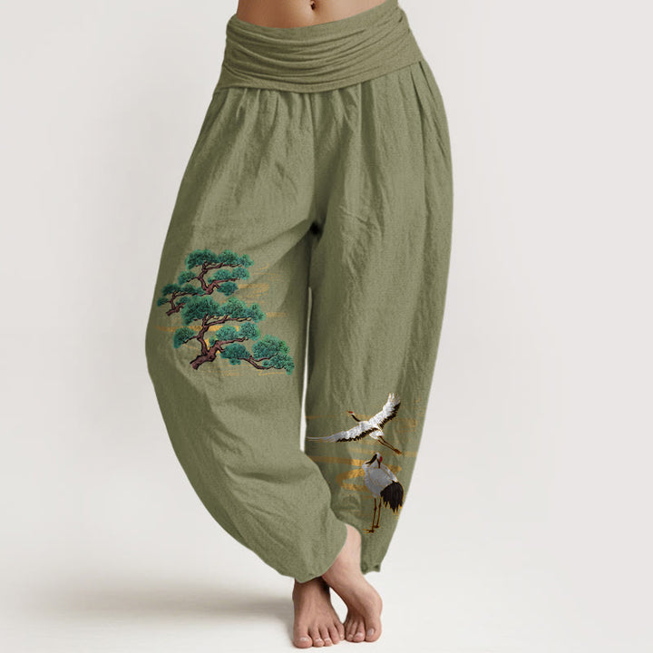 Pantalones Buddha Stones de algodón puro con estampado de grulla de pino y colores elegantes para mujer, con cintura elástica - Verde oliva - US16，UK/AU20，EU48 (3XL) - image 14