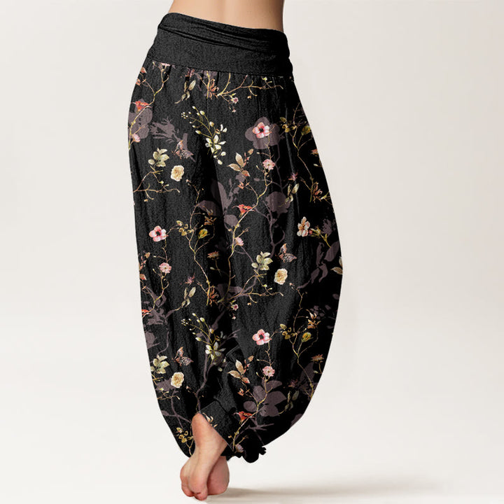 Pantalones Buddha Stones de algodón puro con estampado retro de flores, hojas y ramas para mujer, con cintura elástica - image 1