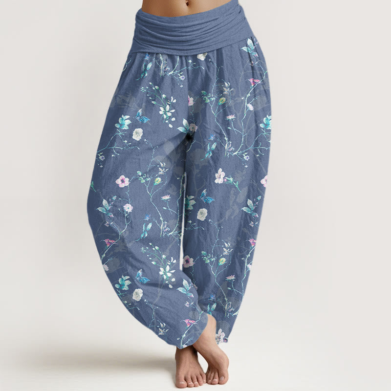 Pantalones Buddha Stones de algodón puro con estampado retro de flores, hojas y ramas para mujer, con cintura elástica - Azul aciano - US16，UK/AU20，EU48 (3XL) - image 5