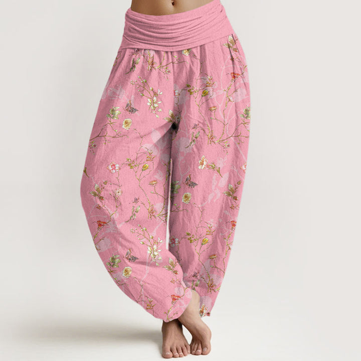 Pantalones Buddha Stones de algodón puro con estampado retro de flores, hojas y ramas para mujer, con cintura elástica - Rosa intenso - US16，UK/AU20，EU48 (3XL) - image 8