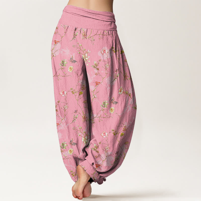 Pantalones Buddha Stones de algodón puro con estampado retro de flores, hojas y ramas para mujer, con cintura elástica - image 9