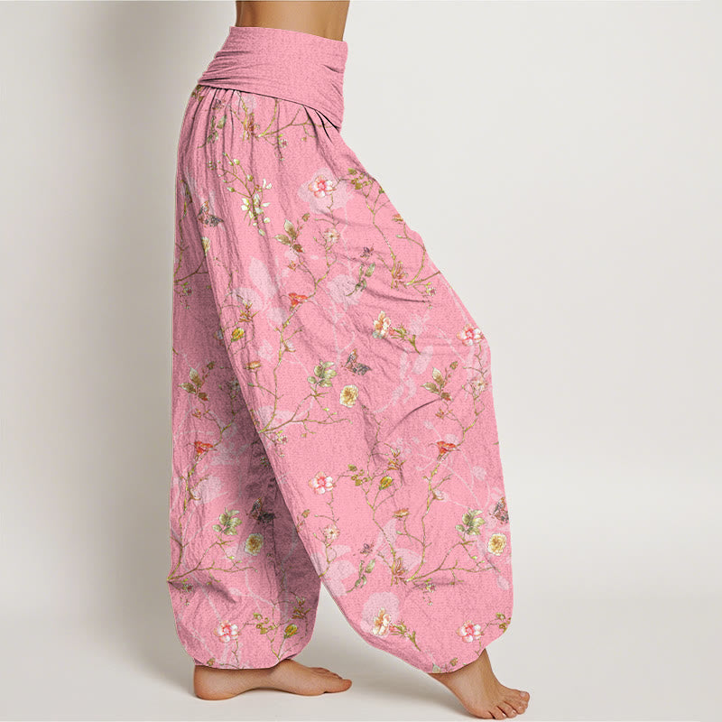 Pantalones Buddha Stones de algodón puro con estampado retro de flores, hojas y ramas para mujer, con cintura elástica - image 10