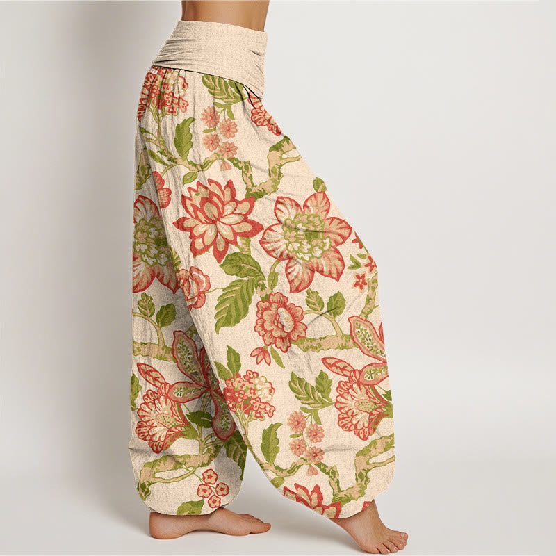 Pantalones Buddha Stones de algodón puro con estampado de flores, hojas, ramas y pájaros en colores llamativos para mujer, con cintura elástica - image 2