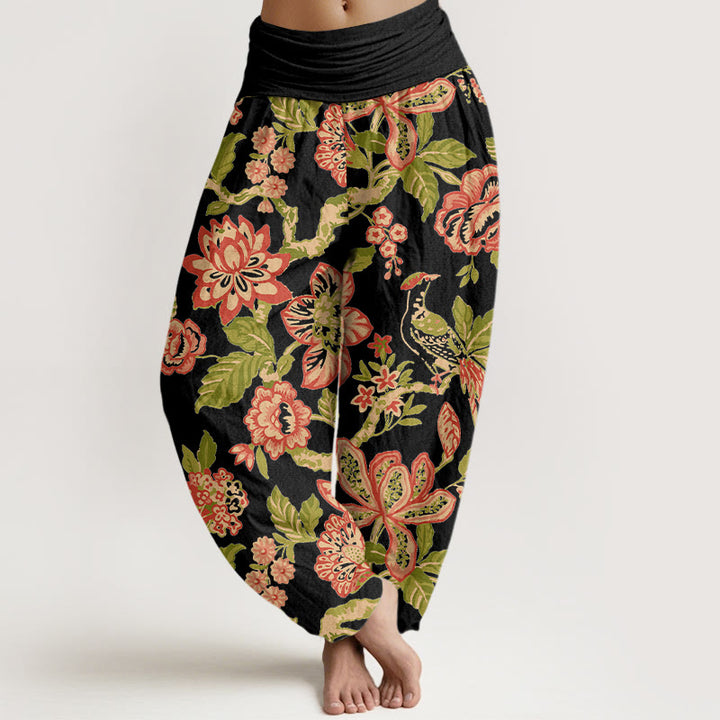 Pantalones Buddha Stones de algodón puro con estampado de flores, hojas, ramas y pájaros en colores llamativos para mujer, con cintura elástica - Negro - US16，UK/AU20，EU48 (3XL) - image 5