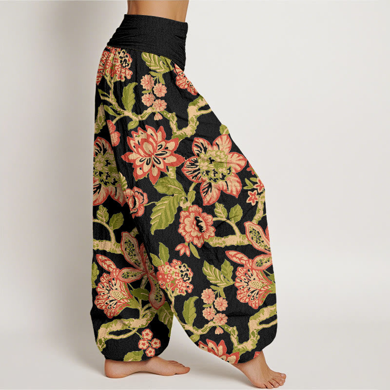 Pantalones Buddha Stones de algodón puro con estampado de flores, hojas, ramas y pájaros en colores llamativos para mujer, con cintura elástica - image 7