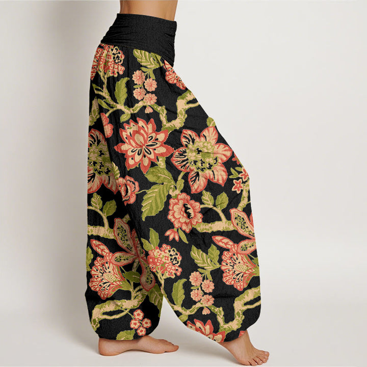 Pantalones Buddha Stones de algodón puro con estampado de flores, hojas, ramas y pájaros en colores llamativos para mujer, con cintura elástica - image 7