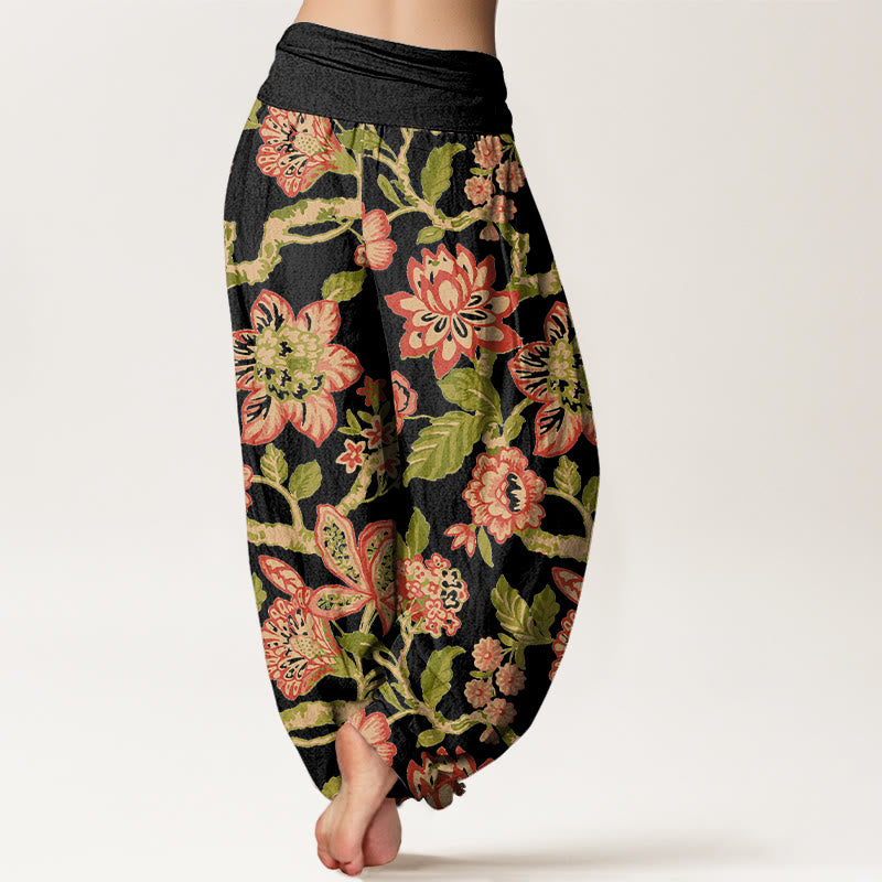 Pantalones Buddha Stones de algodón puro con estampado de flores, hojas, ramas y pájaros en colores llamativos para mujer, con cintura elástica - image 6