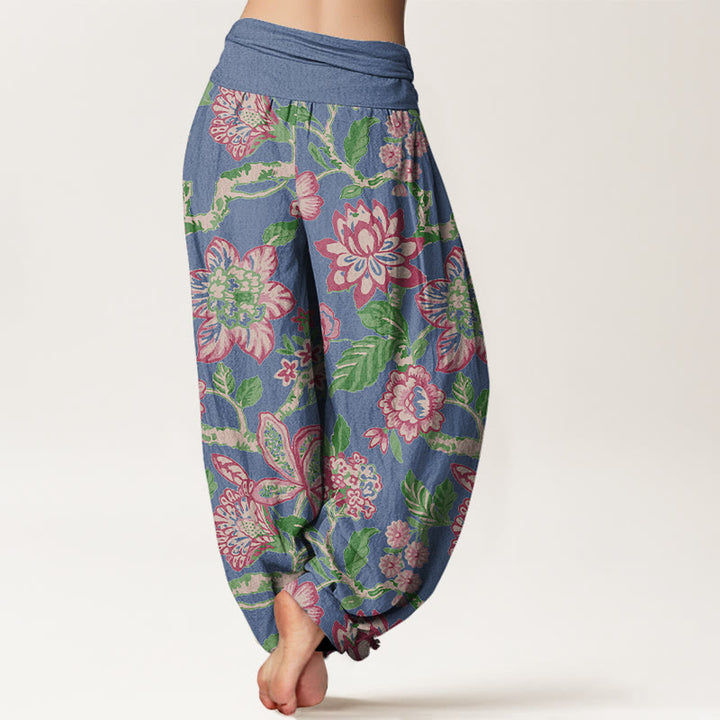 Pantalones Buddha Stones de algodón puro con estampado de flores, hojas, ramas y pájaros en colores llamativos para mujer, con cintura elástica - image 9