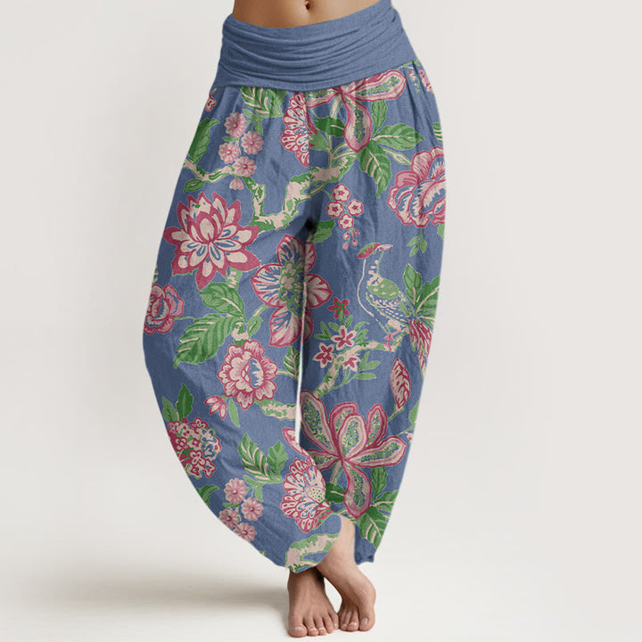 Pantalones Buddha Stones de algodón puro con estampado de flores, hojas, ramas y pájaros en colores llamativos para mujer, con cintura elástica - Azul aciano - US16，UK/AU20，EU48 (3XL) - image 8
