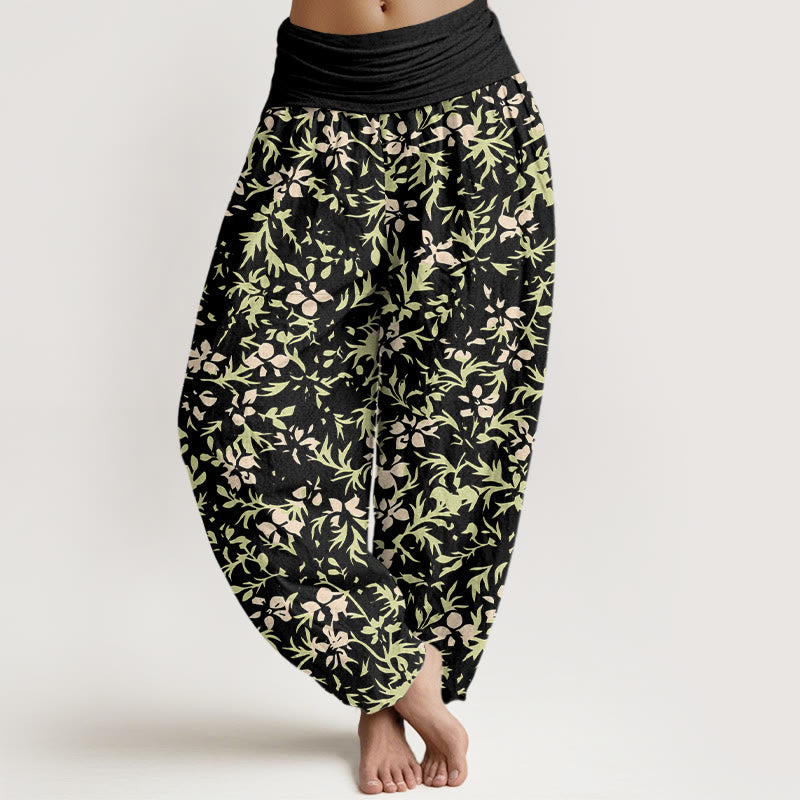 Pantalones Buddha Stones de algodón puro con estampado de flores abstractas y hojas para mujer, con cintura elástica - Negro - US16，UK/AU20，EU48 (3XL) - image 8