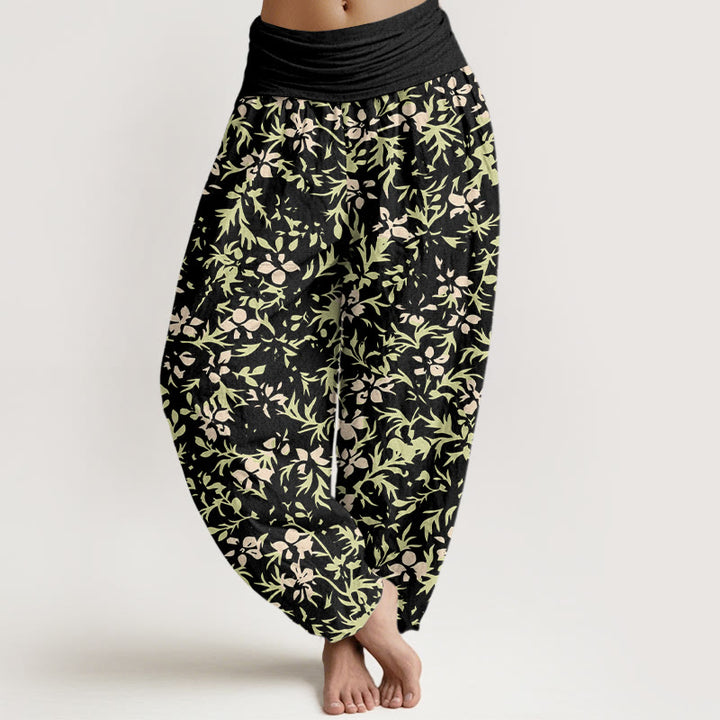 Pantalones Buddha Stones de algodón puro con estampado de flores abstractas y hojas para mujer, con cintura elástica - Negro - US16，UK/AU20，EU48 (3XL) - image 8