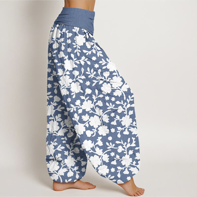 Pantalones Buddha Stones de algodón puro con estampado de flores blancas, hojas y estrellas para mujer, con cintura elástica - image 2