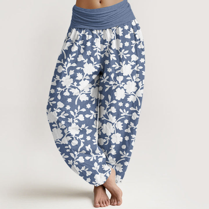 Pantalones Buddha Stones de algodón puro con estampado de flores blancas, hojas y estrellas para mujer, con cintura elástica - Azul acero - US16，UK/AU20，EU48 (3XL) - image 0