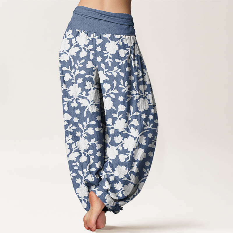 Pantalones Buddha Stones de algodón puro con estampado de flores blancas, hojas y estrellas para mujer, con cintura elástica - image 1