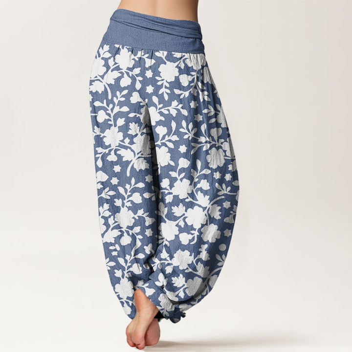 Pantalones Buddha Stones de algodón puro con estampado de flores blancas, hojas y estrellas para mujer, con cintura elástica - image 1