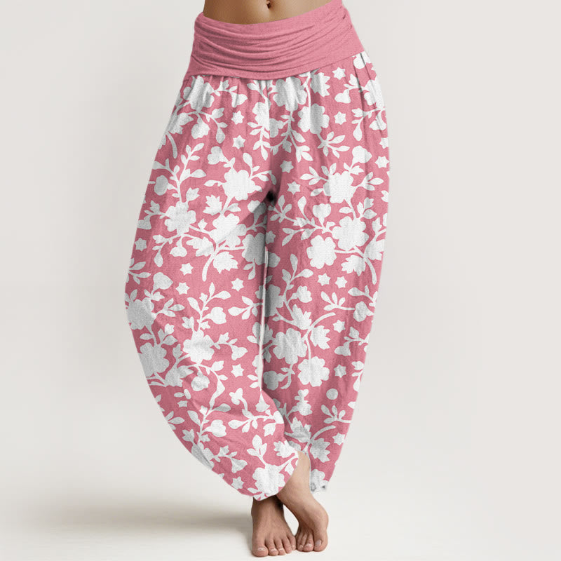 Pantalones Buddha Stones de algodón puro con estampado de flores blancas, hojas y estrellas para mujer, con cintura elástica - Rosa claro - US16，UK/AU20，EU48 (3XL) - image 5