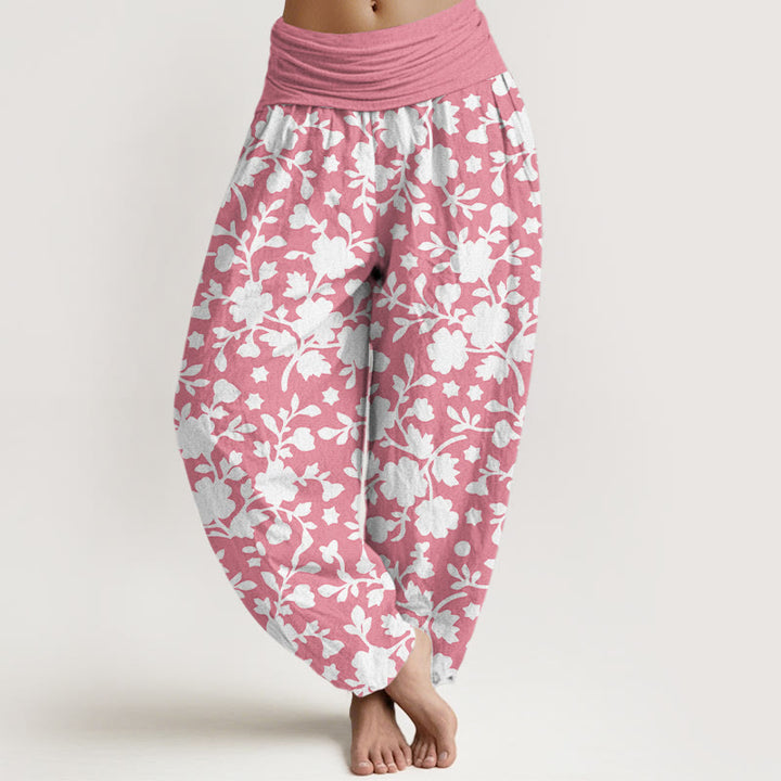 Pantalones Buddha Stones de algodón puro con estampado de flores blancas, hojas y estrellas para mujer, con cintura elástica - Rosa claro - US16，UK/AU20，EU48 (3XL) - image 5