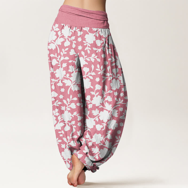Pantalones Buddha Stones de algodón puro con estampado de flores blancas, hojas y estrellas para mujer, con cintura elástica - image 6