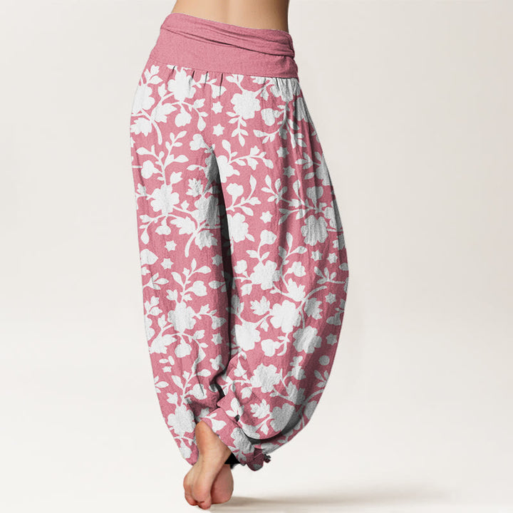 Pantalones Buddha Stones de algodón puro con estampado de flores blancas, hojas y estrellas para mujer, con cintura elástica - image 6