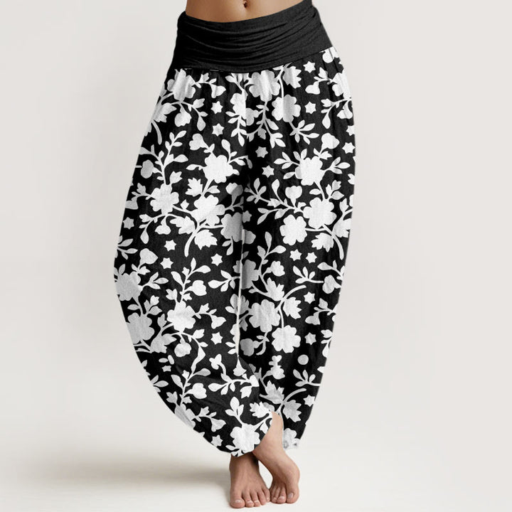 Pantalones Buddha Stones de algodón puro con estampado de flores blancas, hojas y estrellas para mujer, con cintura elástica - Negro - US16，UK/AU20，EU48 (3XL) - image 8
