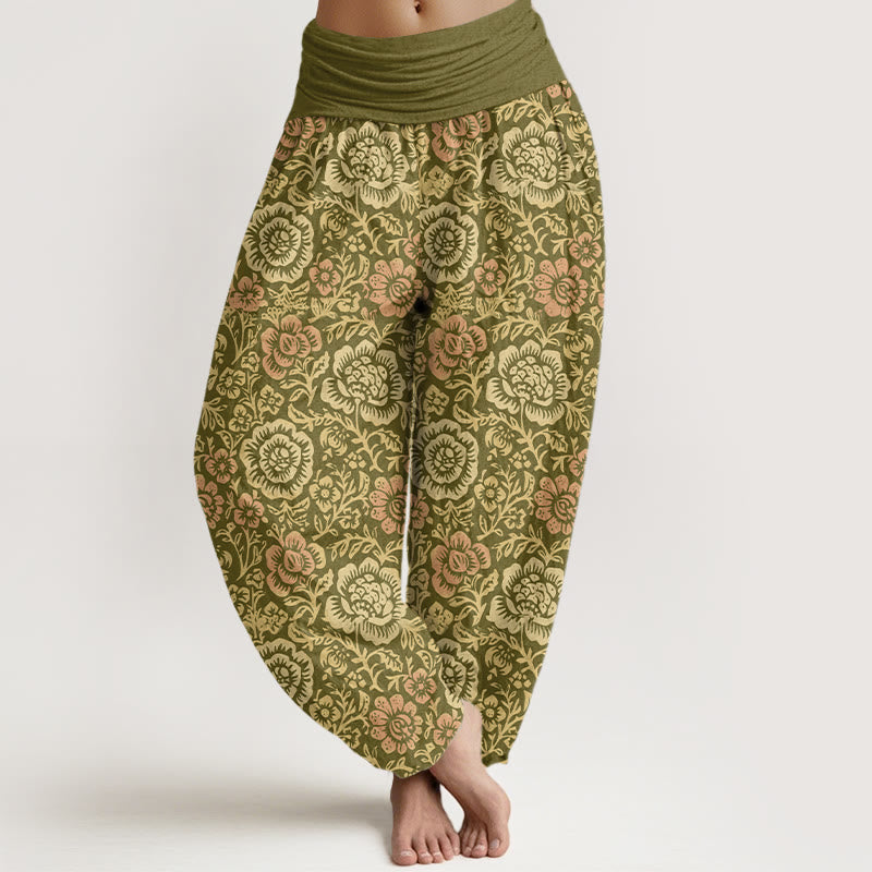 Pantalones harén de algodón puro con estampado floral vintage de Buddha Stones para mujer, cintura elástica - Aceituna - US16，UK/AU20，EU48 (3XL) - image 0