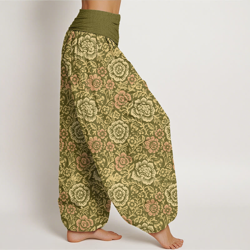 Pantalones harén de algodón puro con estampado floral vintage de Buddha Stones para mujer, cintura elástica - image 2