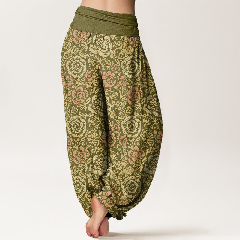 Pantalones harén de algodón puro con estampado floral vintage de Buddha Stones para mujer, cintura elástica - image 1