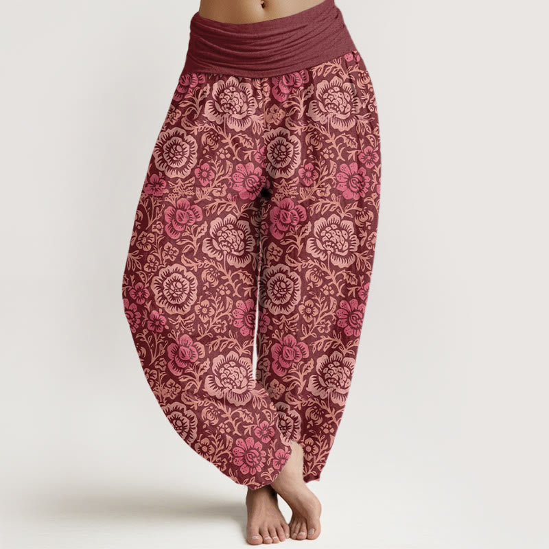 Pantalones harén de algodón puro con estampado floral vintage de Buddha Stones para mujer, cintura elástica - Rojo oscuro - US16，UK/AU20，EU48 (3XL) - image 5
