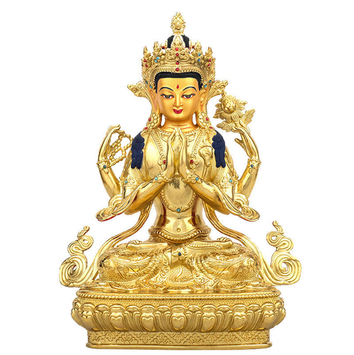 Chenrezig-Estatua chapada en oro y cobre con protección Avalokitesvara de cuatro brazos, decoración - image 0