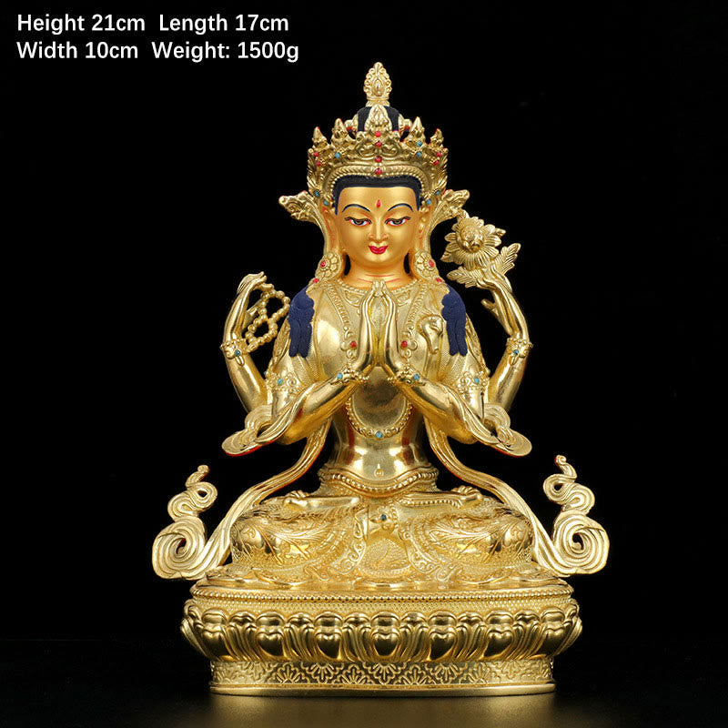 Chenrezig-Estatua chapada en oro y cobre con protección Avalokitesvara de cuatro brazos, decoración - 7 pulgadas - image 2