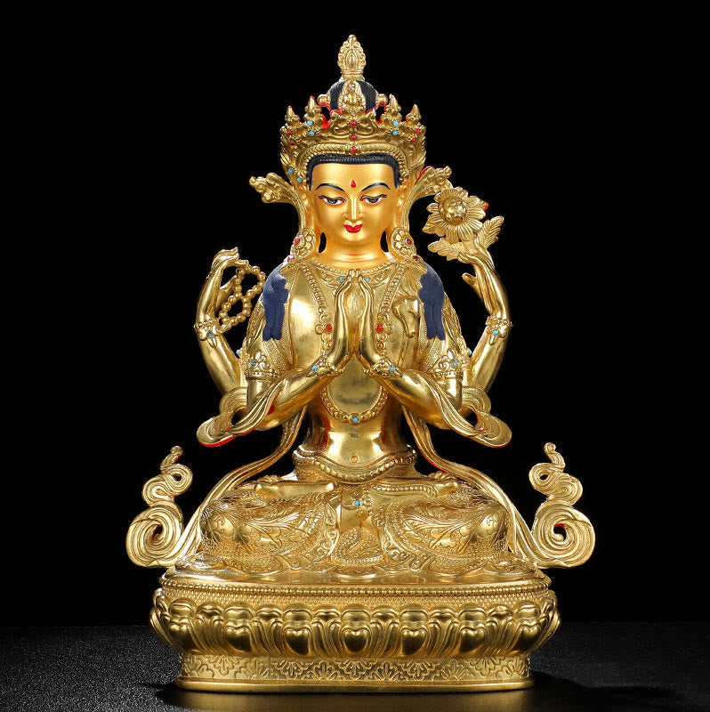 Chenrezig-Estatua chapada en oro y cobre con protección Avalokitesvara de cuatro brazos, decoración - image 8