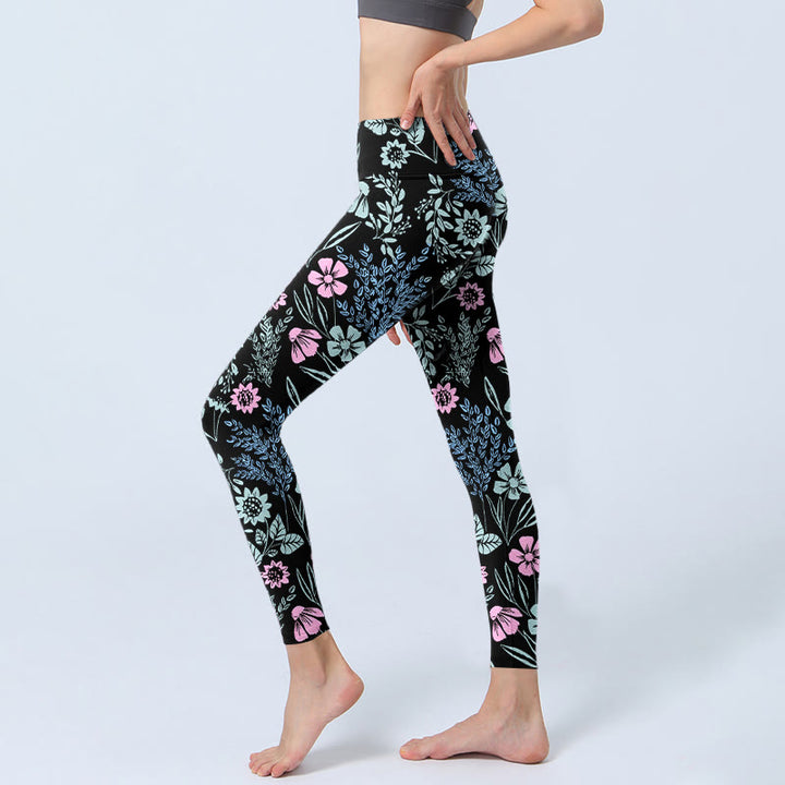 Leggings de yoga para mujer con estampado de hojas y flores en contraste de colores llamativos y Buddha Stones - image 2