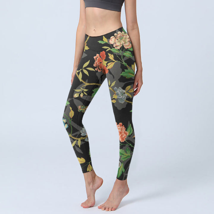 Leggings de yoga para mujer con estampado clásico de flores, hojas, mariposas y pájaros de Buddha Stones - Negro - US18，UK/AU22，EU50 (4XL) - image 0