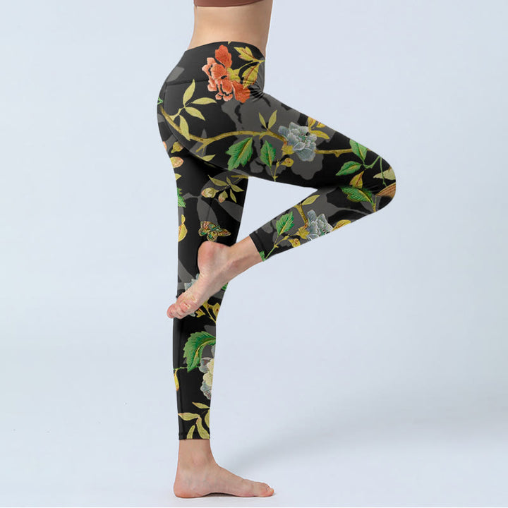 Leggings de yoga para mujer con estampado clásico de flores, hojas, mariposas y pájaros de Buddha Stones - image 3