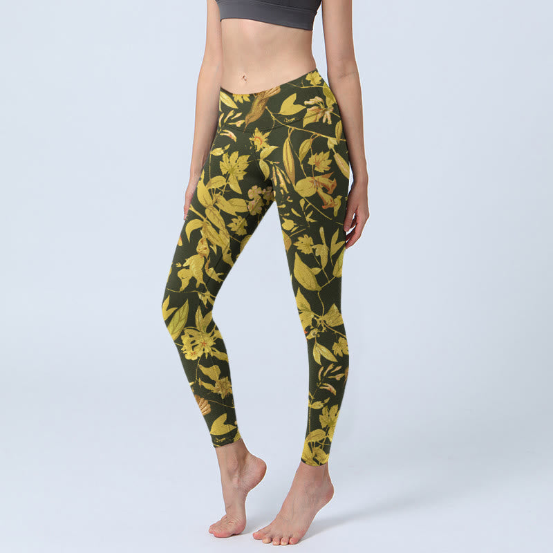 Leggings de yoga para mujer con estampado de flores, hojas y pájaros de Buddha Stones - Negro - US18，UK/AU22，EU50 (4XL) - image 0