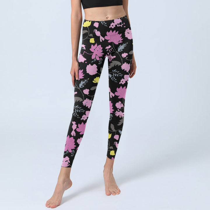 Leggings de yoga para mujer con estampado de hojas y flores de colores suaves en estilo acuarela con Buddha Stones - image 5