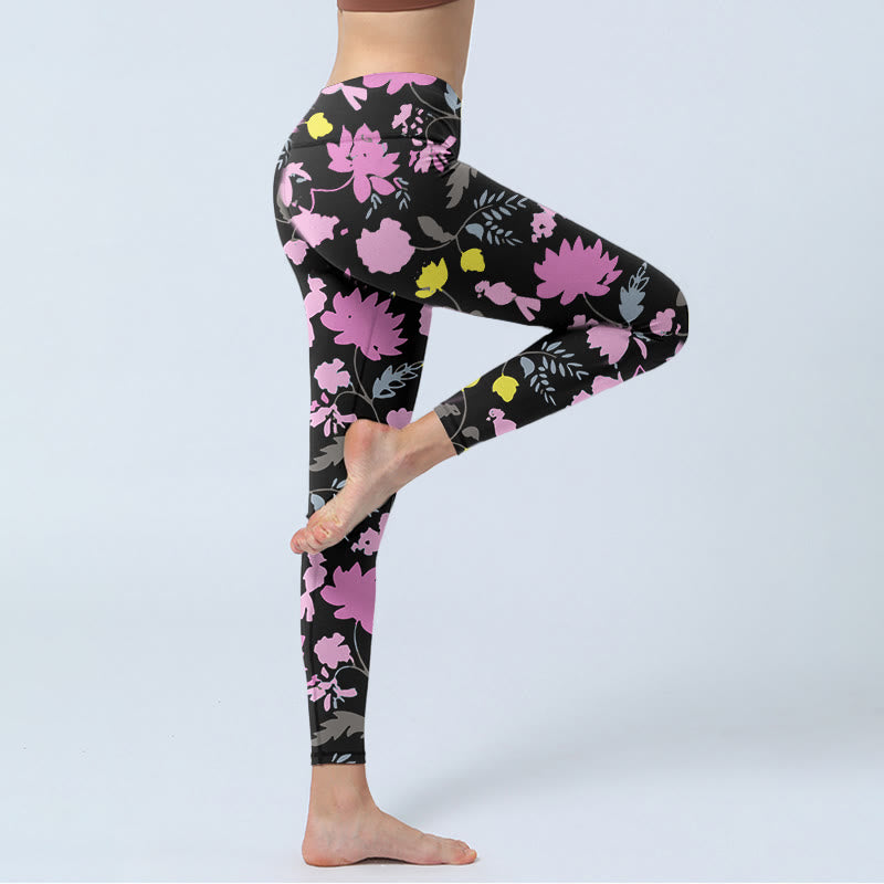 Leggings de yoga para mujer con estampado de hojas y flores de colores suaves en estilo acuarela con Buddha Stones - image 3