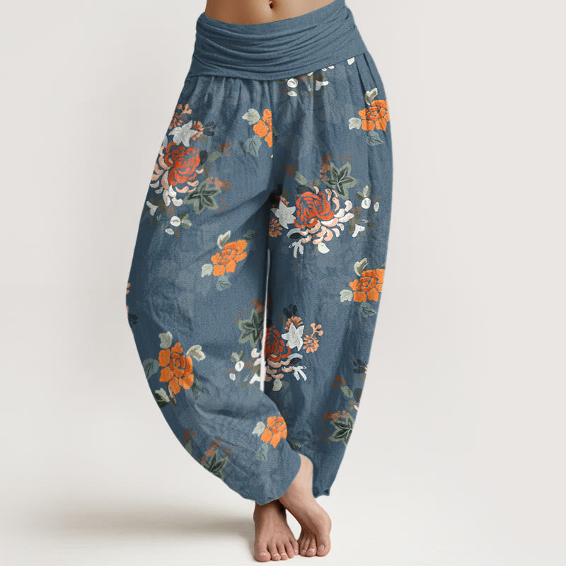 Pantalones Buddha Stones de algodón puro con estampado de flores y hojas de colores vibrantes para mujer, con cintura elástica - Azul acero - US16，UK/AU20，EU48 (3XL) - image 0
