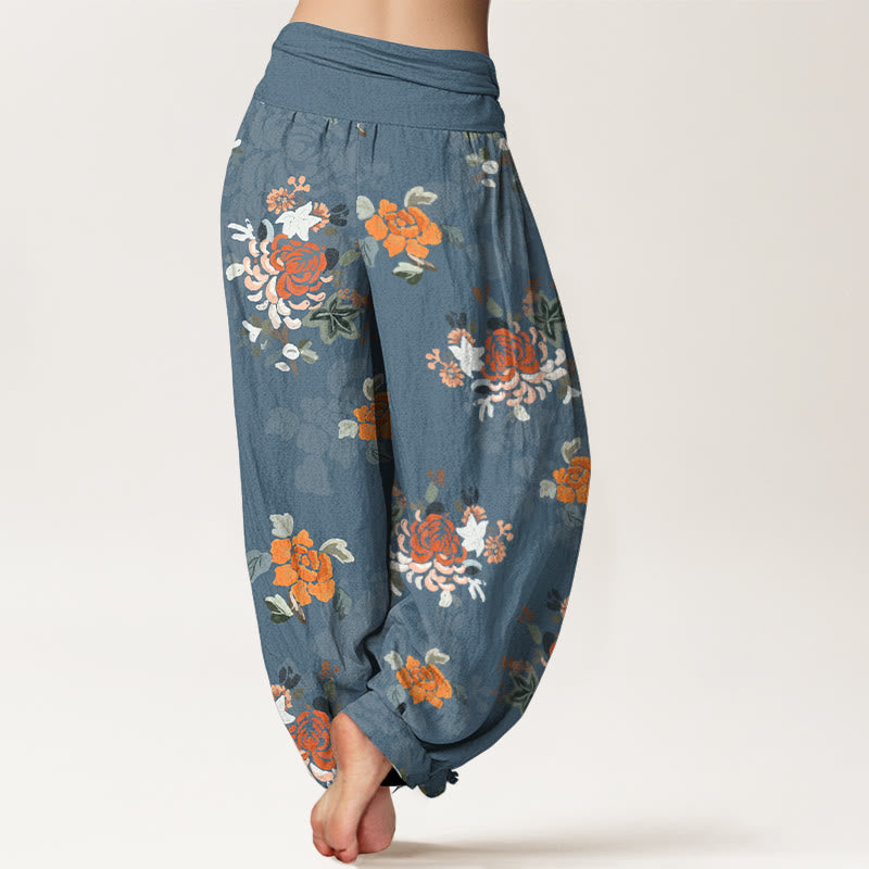 Pantalones Buddha Stones de algodón puro con estampado de flores y hojas de colores vibrantes para mujer, con cintura elástica - image 1