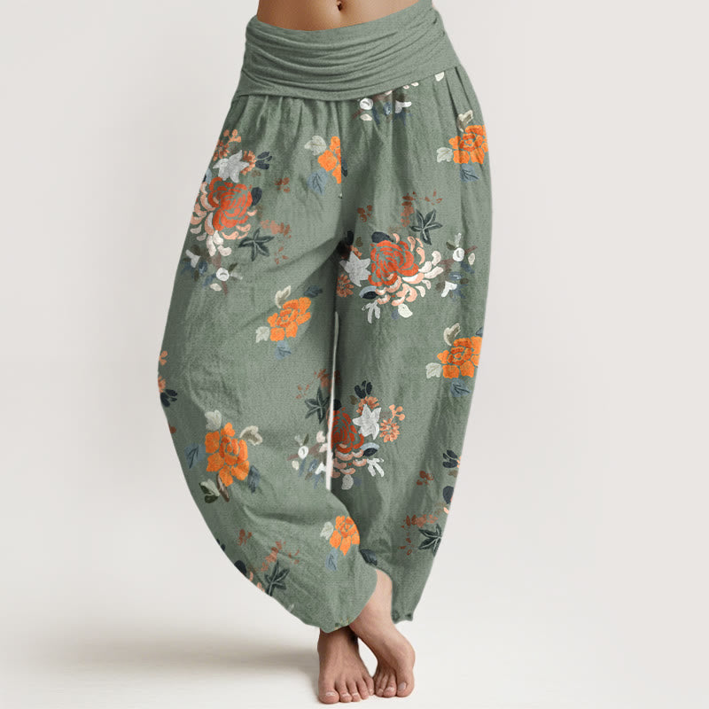 Pantalones Buddha Stones de algodón puro con estampado de flores y hojas de colores vibrantes para mujer, con cintura elástica - Verde mar oscuro - US16，UK/AU20，EU48 (3XL) - image 5